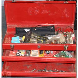 RED TOOL BOX FULL OF TOOLS 3 DRAWER AND LID