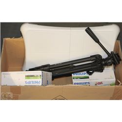 BOX WITH MISCELLANEOUS INCL WII FIT BOARD, TRIPOD,