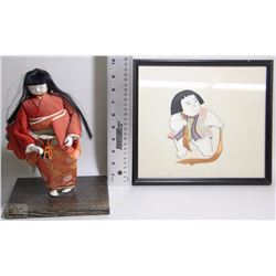 LOT OF ASIAN ORIGIN ITEMS; FRAMED PICTURE+GIRL