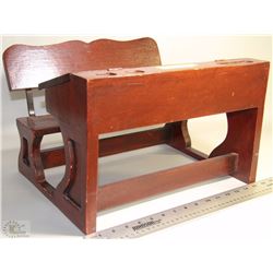 DARK COLORED WOODEN DOLL BENCH WITH STORAGE
