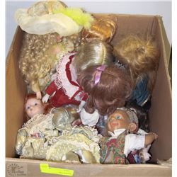 BOX OF DOLLS, SOME PORCELAIN