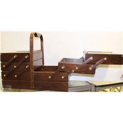 LARGE VINTAGE DUCKTAILED SEWING BOX WITH LEGS