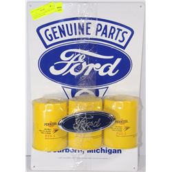 COLLECTIBLE TIN FORD SIGN WITH 3 NEW PENZOIL OIL