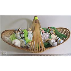 BASKET OF VINTAGE COLLECTIBLE PORCELAIN FIGURINES
