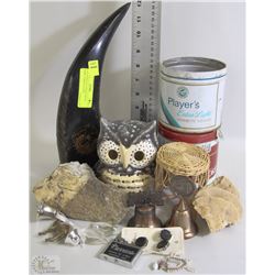 LOT OF ESTATE COLLECTIBLES - HORN, TOBACCO CANS