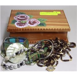 WOODEN FLORAL JEWELRY BOX W CONTENTS