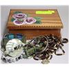 Image 1 : WOODEN FLORAL JEWELRY BOX W CONTENTS