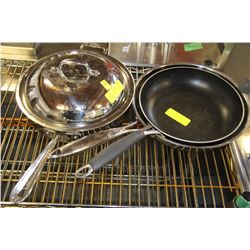 THREE FRYING PANS - ONE WITH LID