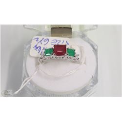 15)NATURAL RUBY,EMERALD  & CZ   .925 SILVER RING