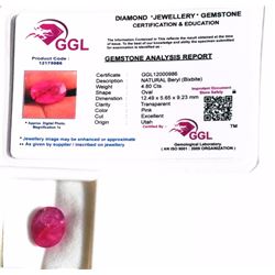4.80 CT OVAL PINK BERYL GEMSTONE & COA