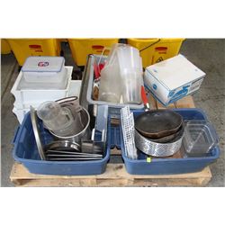 PALLET WITH BAKING PANS, JUGS, GARBAGE BAGS,