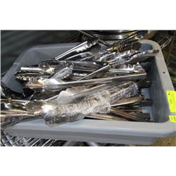 GREY TUB OF ASSORTED NAME BRAND S/S TONGS