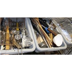 LOT OF 3 GREY TUBS OF ASSORTED KITCHEN UTENSILS;