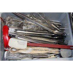 GREY TUB FILLED WITH KITCHEN UTENCILS
