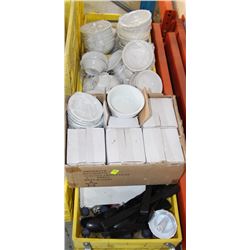 LOT OF THREE CRATES OF DISHES, TONGS, ETC