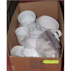 BOX FULL OF WHITE DISHES INCL. GRAVY BOAT,