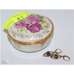 ROUND FLORAL TRINKET BOX WITH JADE EARRINGS