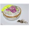 Image 1 : ROUND FLORAL TRINKET BOX WITH JADE EARRINGS