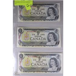 3 CANADIAN ONE DOLLAR BILLS 1973
