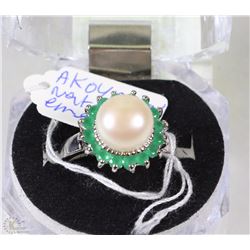 12)AKOYA PEARL &NATURAL EMERALD   .925 SILVER RING