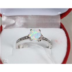 9)FIRE OPAL  & CZ .925 SILVER RING SIZE 6.5