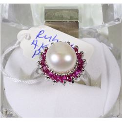 13)AKOYA PEARL & NATURAL RUBY   .925 SILVER RING