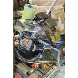 PALLET OF EXERCISE EQUIPMENT INCL BIKE, DUMBELLS,