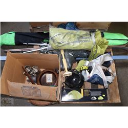 PALLET OF SKIS, BOOTS,TENT  ETC