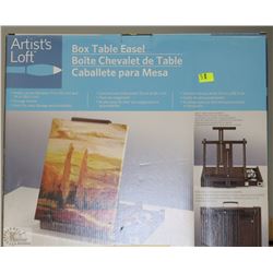 BOX TABLE EASEL AND 3 NEW ARTIST CANVASES