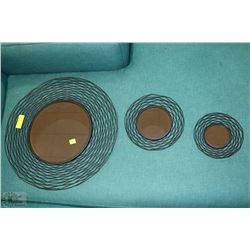 3 PC METAL FRAMED ROUND MIRROR SET