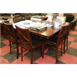 WOODEN BAR STYLE DINING ROOM TABLE WITH 8 LEATHER-