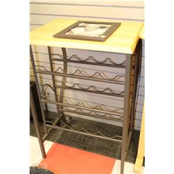 WOOD AND WROUGHT IRON WINE RACK TABLE. HOLDS 12
