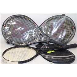 3 RACQUETS INCLUDING 2 TENNIS AND 1 SQUASH