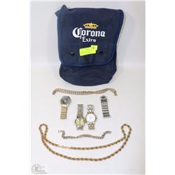 CORONA BAG WITH ASSORTED WATCHES,CHAINS AND