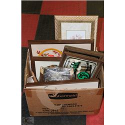 BOX OF VINTAGE FRAMED PICTURES, 5 CENT BEER