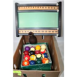 BOX WITH POOL BALLS, REGULAR AND SNOOKER WITH
