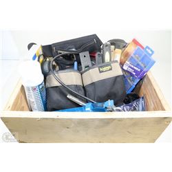 WOOD BOX W/NEW CARPENTRY TOOLS &