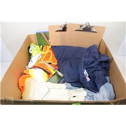 BOX OF W/HIGH VIS VESTS, COVERALLS, ETC.