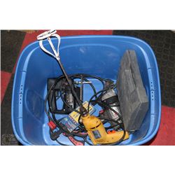 BLUE TOTE WITH TWO DRILLS, JIGSAW, & SOLDERING GUN