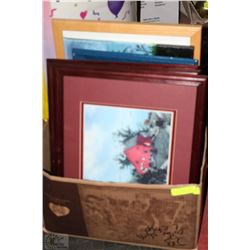 BOX OF ASSORTED PICTURES INCL, CANVAS, ART, PRINTS