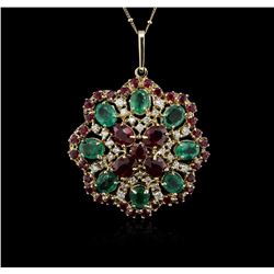 14KT Yellow Gold 11.78 ctw Ruby, Emerald and Diamond Pendant With Chain