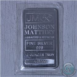 10 oz  Johnson Matthey .999 Fine Silver Bar (Tax Exempt)