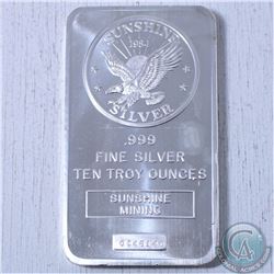 10 oz .999 Fine Silver Sunshine Mint bar (Tax Exempt)