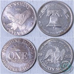 1983 A-Mark Liberty Bell 1oz. .999 Silver Art Round  & 1982 Sunshine Mint .999 pure silver Round. 2p