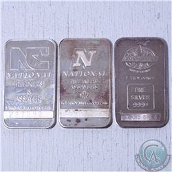 Lot of 3x 1oz .999 Fine silvers. This lot includes 2x national refiners bars and 1x  englehard bar. 