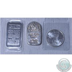 Lot of  3x various .999 Fine Silver bar/rounds. This lot includes 1x Johnson Mathhey 1oz bar, 1x 2oz