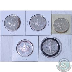 lot of 5x 1991,1992,1995,1999, and 2000 Canada 1oz .9999 Fine Silver Maple Leaf coins.(Tax Exempt). 