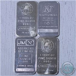 Lot of 4x 1oz. .999 Fine silver Bars. You will receive a National refiners bar, 2x Engelhard bars an