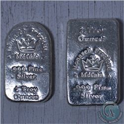 Lot of 2x Monarch Precious Metals 2oz & 3oz  .999 Fine Silver bars (Tax Exempt)