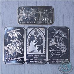 lot of 4x VINTAGE 1973,1980, & 1984 1oz .999 Holiday Themed Fine Silver bars. (Tax Exemt) 4pcs
